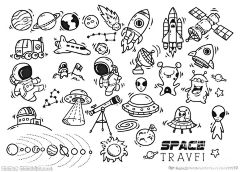 手绘黑白宇航员飞船火星人元素  - 源文件下载【酷图网】手绘,黑白简笔画,卡通宇航员,飞船,火星人元素,飞碟,星际旅游,矢量手绘,手绘元素,设计元素