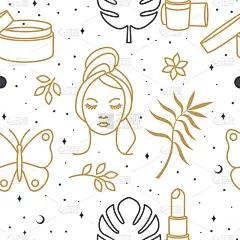 化妆品无缝纹理、图案、背景、壁纸、美容中心、美容院、保健美容中心包装设计模板。矢量插图。线的艺术风格