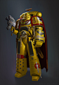 Space Marine Captain, Philip Helliwell : This giant man in giant yellow armour is depicted at his ceremonial best. His left pauldron sports sculpted figures of his tradition's heroes in little niches. "Pugnus" is Latin for fist.