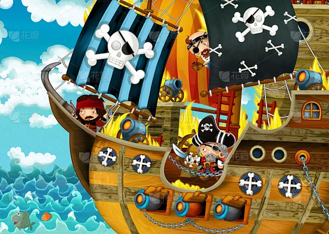 cartoon scene with pirate ship sailing through the素材-花瓣网