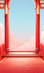 Red corridor with a golden archway inside chinese temple space chinese temple stage background royalty free vector illustration, in the style of 8k resolution, romantic landscape vistas, light red and sky-blue, high-angle, vibrant stage backdrops, outdoor
