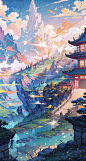 AI卡通场景设定素材 唯美背景 动漫游戏场景插画设计