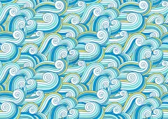 海洋海浪无缝图案. 抽象怪诞的涂鸦波浪形背景。 航海用深蓝色彩色卷发和涡旋夏季壁纸.