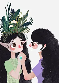 水彩女孩免抠素材_新图网 https://ixintu.com 卡通 女孩 手绘 水彩 照镜子 绿叶 装饰 长发
