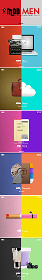 Shutterstock 团队以 MADMEN 为主题设计的海报，将剧中所处的上世纪 60 年代和现在的状况拼在了一起，这些属于不同角色的物件改变，也是广告业乃至整个时代变迁的缩影#创意#