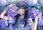 Anime 2048x1448 anime girls flowers looking at viewer long hair schoolgirl school uniform bow tie blushing leaves lying down lying on back sunlight