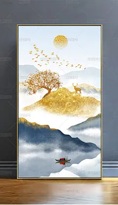 新中式手绘抽象金山财富贵树玄关装饰画