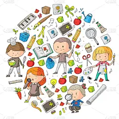 的孩子。学校和幼儿园。创造力和教育。音乐。探索。科学。的想象力。玩和学习。烹饪。唱歌。阅读。不同的爱