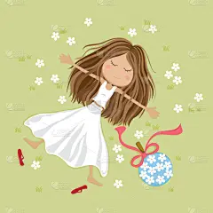 女孩,幸福,田地,动画片,草,草地,青少年,花,躺,睡觉