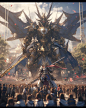 a giant robot like structure surrounded by people