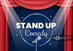 红色窗帘和打开麦克风的喜剧表演剧场场景，喜剧演员在舞台上表演平面风格的卡通插图图片素材
