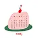 This may contain: a pink cake with a cherry on top and the word moody written in red