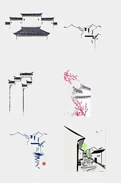 简约中国风水墨江南徽派建筑免抠元素