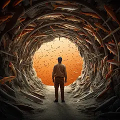 一个人站在一个满是鱼的洞里，以照片逼真的风景风格，橙色，Sa