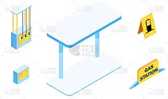 向量等距蓝色加油站与黄色横幅插图。燃油，输油管一套汽油，标牌上有加油站的名称