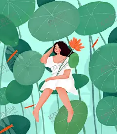 原创扁平风插画荷塘里的小女孩 【酷图网】夏季,24节气插画,唯美插画,荷塘,荷花,蜻蜓,女孩可爱,人物素材,荷叶,装饰插画,背景海报,封面插画,绘本