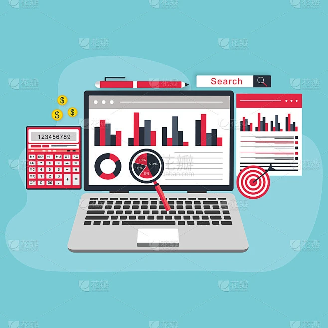 搜索结果优化SEO营销分析平面矢量横幅与图标。SEO性能、定位和监控