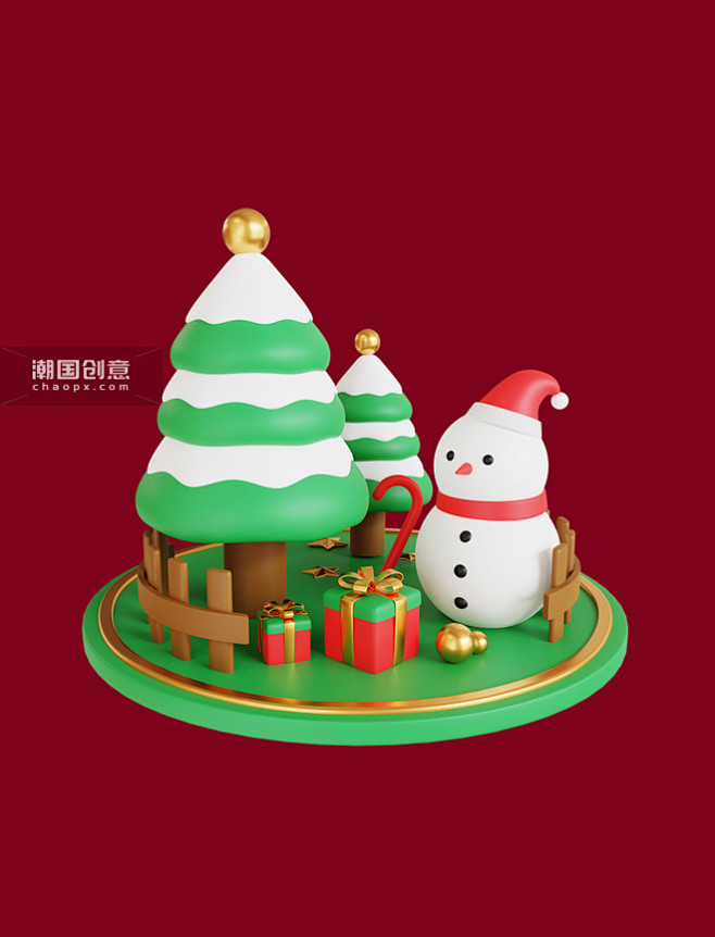 3D圣诞元素与场景松树圣诞树圣诞节雪人彩...