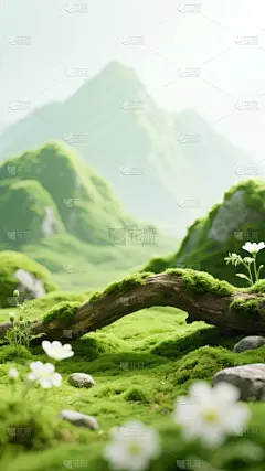 常规风光系列清新感绿色树枝花朵青苔光影背景