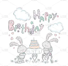 可爱的 leverets 假日餐桌上。题字"生日快乐"。矢量图的贺卡、 海报或打印在衣服上。节日贺卡