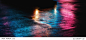 Abstract urban background. Lights and shadows of New York City. NYC streets after rain with reflections on wet asphalt. 
