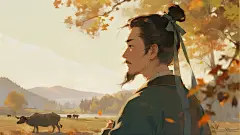 画面下半部分有超大面积的纯白色留白，一幅秋天层林尽染的美景，古风人物特写，背影，半身像，诗人王绩肖像画，诗人王绩向远处眺望，向远处眺望的动作，野望故事场景，飞吹起他的衣服和发带，负手而立，表情淡然，四十岁样貌，中年人样貌，人物面部高光，人物面部服饰精细刻画，超级细节，细节刻画，颓废治愈氛围，自然静谧气息，斑驳梦幻光影，呼吸感，梦核，流光溢彩，极致光影美学，独特胶片颗粒感，诗意，白橙点缀，动态模糊，虚焦，高亮高饱和色彩叙事，褪色记忆情绪拉扯，过曝。纱衣，古风插画，层层树林，已染上萧瑟的金黄的秋色，起伏的山峦