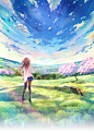 Anime 1600x2267 long hair back clouds paper city grass cherry trees flower petals anime girls anime Koi x Shin Ai Kanojo Himeno Sena