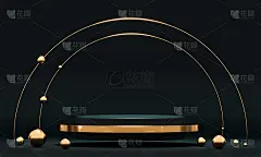 3D渲染黑色裙房几何与黄金元素。产品展示空白讲台。最小场景圆形台阶地板抽象构成。空展柜，基座平台展示_5107058684.jp_5107058684