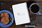 咖啡,饼干,蓝色,笔记本,烤咖啡豆,留白,水平画幅,无人,烘焙糕点,书页