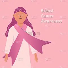乳腺癌宣传月。胸前系着粉色丝带围巾的女孩。粉红头发的抽象卡通女性角色。乳腺癌。支持海报。矢量插图。疾
