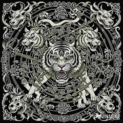 黑白，卡片，中间是中国四神兽老虎，线条，四周围绕着骷髅，盾牌还有箭，纹身图案，高清