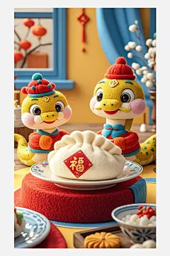 立冬海报设计羊毛毡3D卡通餐盘上