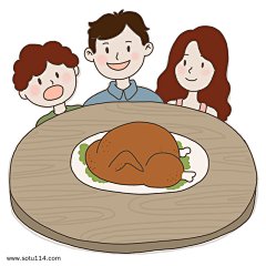 感恩节手绘插画一家人吃火鸡免抠元素下载图片png免抠元素卡通手绘背景装饰免扣图片