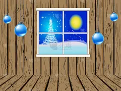 木房子的窗户和圣诞球，圣诞树和房间外的满月