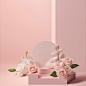 This is a simple display background, a clean pink backdrop decorated with pink roses, the overall color is pink, warm, joyful, simple, photography, 8K , studio lighting ,-- v 5