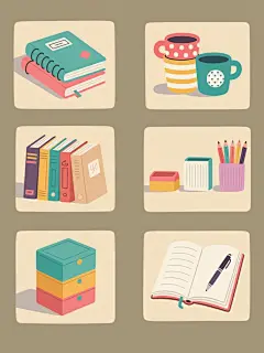 一组六幅规整排布的卡通风格静物插画，每幅均为纯色背景，保持统一的平面化设计语言、清晰的轮廓线条、简约的色块填充和低饱和度的柔和色调，画面整体色彩各异但和谐统一。第一幅：三本叠放的不同颜色笔记本，封面上有简约线条装饰和几何形状贴纸；第二幅：四个堆叠的彩色马克杯，杯身上有条纹、波点和简单图案；第三幅：五本不同尺寸的精装书整齐排列，书脊颜色各异并带有极简图标；第四幅：三个不同形状的铅笔盒与几支彩色铅笔组合，线条简洁明快；第五幅：四个堆叠的彩色方形收纳盒，表面有细微的纹理区分和简单符号；第六幅：三本打开的笔记本与