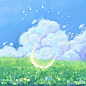 This may contain: a painting of clouds and a crescent in the grass