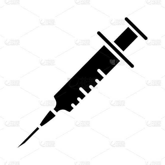 医疗注射器，注射图标。在字形针。医疗针图标。带针头的一次性注射器。适用于注射疫苗或接种疫苗