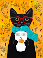 秋季南瓜猫咖啡原始民间艺术通过KilkennycatArt（瑞恩·康纳斯）： 