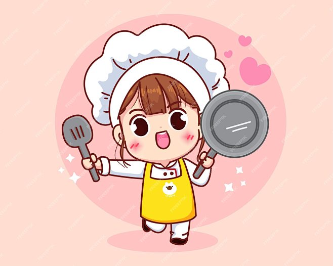 可爱的厨师女孩在制服里微笑着拿着锅和抹刀...