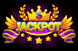 Jackpot banner. casino label with crown and violet award ribbon. casino jackpot winner awards with golden text and ribbon. objects on separate layers. Premium Vector