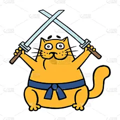 橙色忍者肥猫和两把交叉的剑。矢量插图。