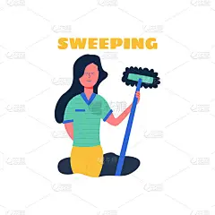 穿着特殊衣服拿拖把的女人。