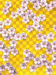 白色樱花在金色图案的背景