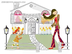 站在房前的女孩们时尚插画eps矢量文件EPS矢量文件|草地|房子|花朵|简笔画|卡通画|卡通人物|卡通人物图片|路灯|漫画人物|女孩|人物素材|人物图片|时尚插画|时装|矢量人物|碎石路|线条画