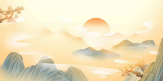 古风古风山水水墨山太阳红日展板背景