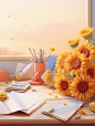 Desk, a bunch of sunflowers, envelopes, eyes, lesson plans, pens, panorama, sunlight lights, Pixar style, red cliffs, complex details, C4D rendering, ultra-clear