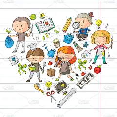 的孩子。学校和幼儿园。创造力和教育。音乐。探索。科学。的想象力。玩和学习。烹饪。唱歌。阅读。不同的爱