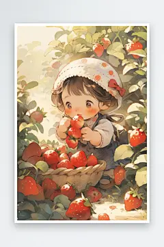 数字艺术手绘插画小红帽摘草莓插画11-众图网