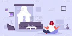 胖女孩坐荷花在地板上摆姿势肥胖超重女人保持冷静瑜伽冥想概念现代客厅室内素描涂鸦水平